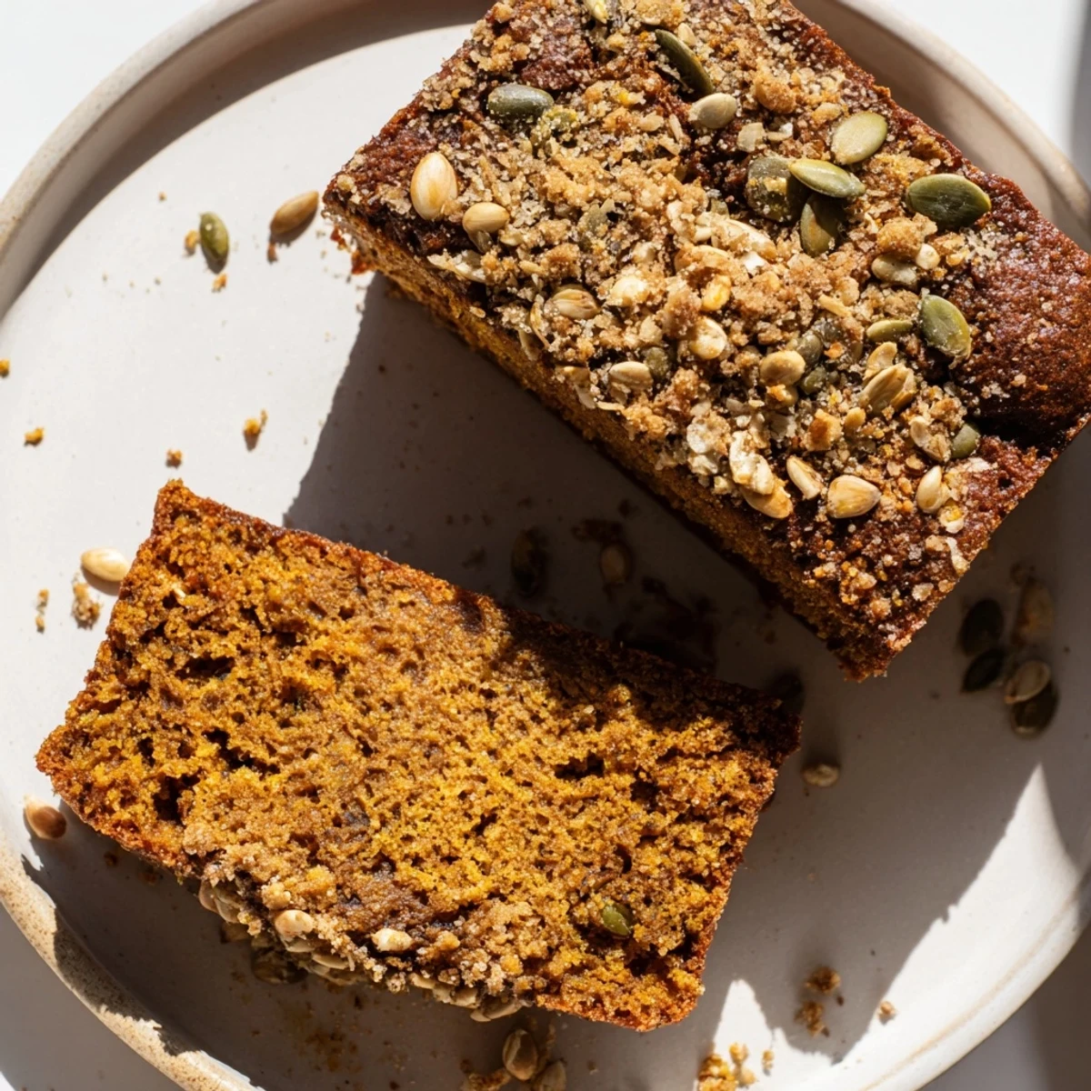 Warm, spiced Spiced Pumpkin Bread with pepitas, fresh from oven, with golden crust and crunchy topping.