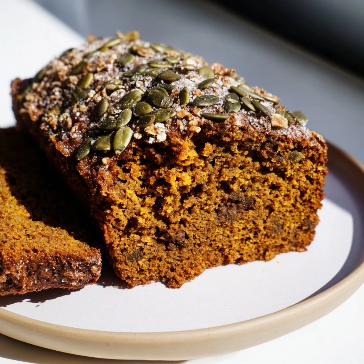 Close-up of a slice of Spiced Pumpkin Bread sprinkled with pepitas, showcasing a moist interior texture with inviting aroma.