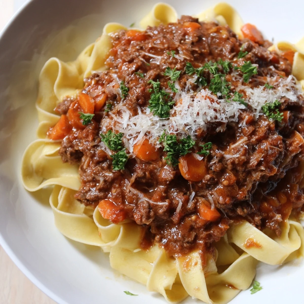 A close-up of savory Beef Bolognese with Tagliatelle, offering a glimpse of the delicious pasta.