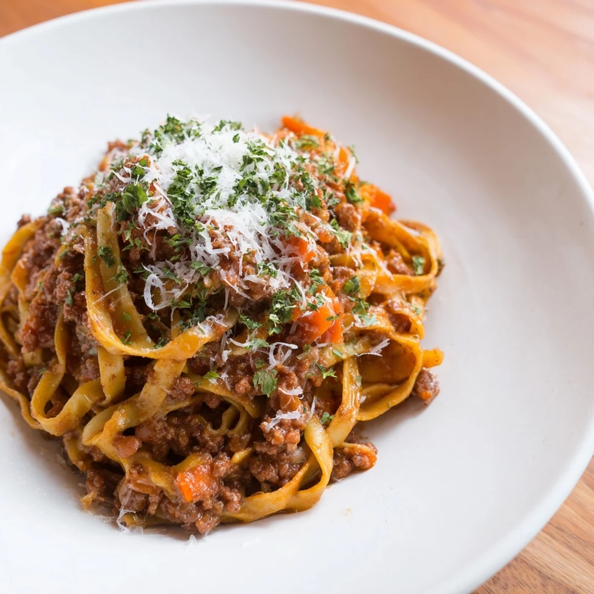 Freshly grated Parmesan atop a plate of Beef Bolognese with Tagliatelle, ready to be enjoyed.
