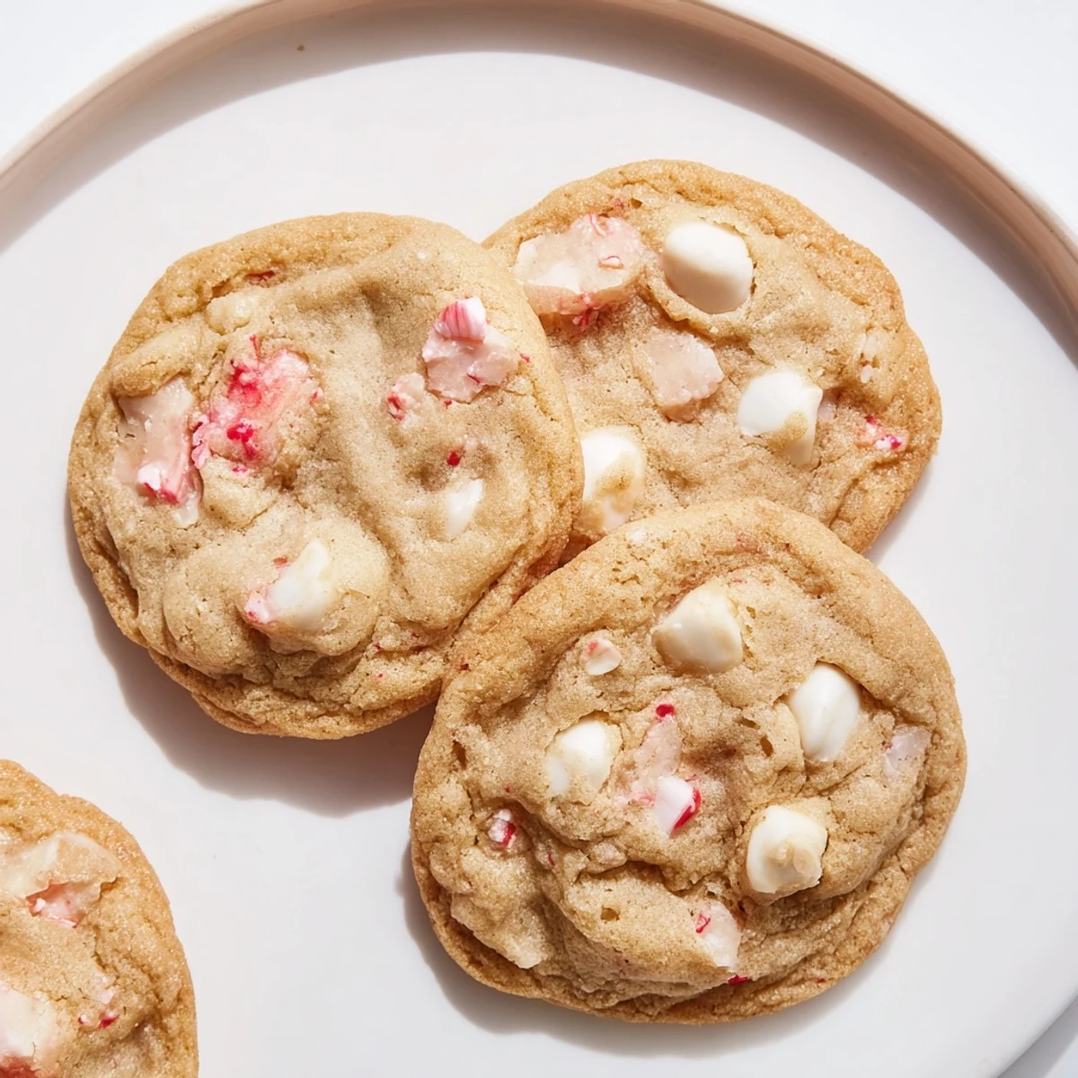 Warm Peppermint White Chocolate Cookies, glistening with white chocolate chips and peppermint sprinkles, baked golden brown.