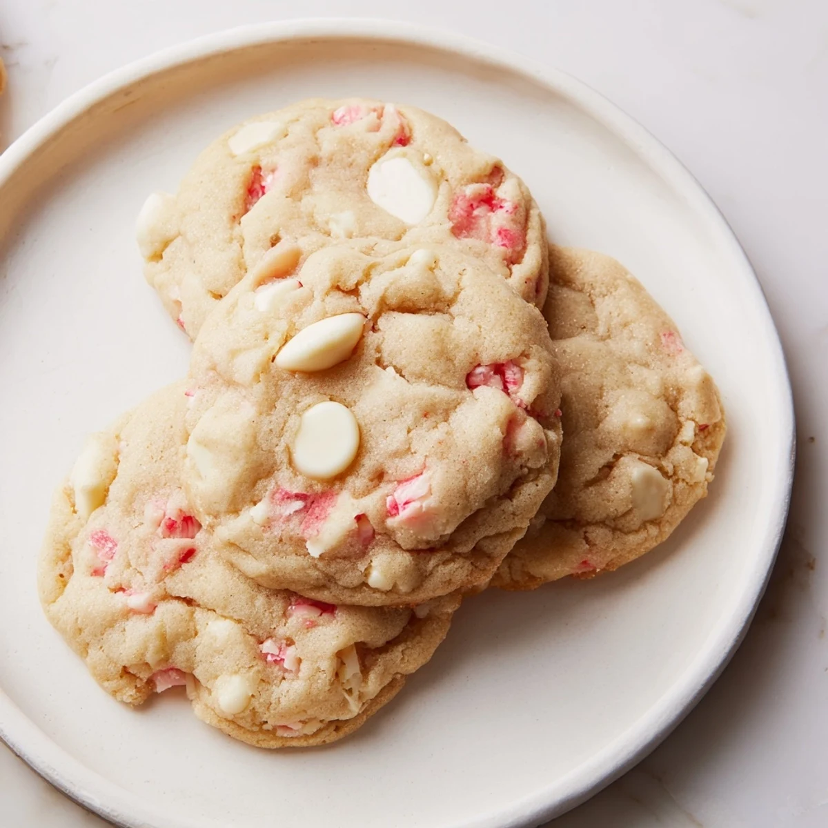 A close-up shot of soft, chewy Peppermint White Chocolate Cookies, perfect for sharing at a holiday gathering.