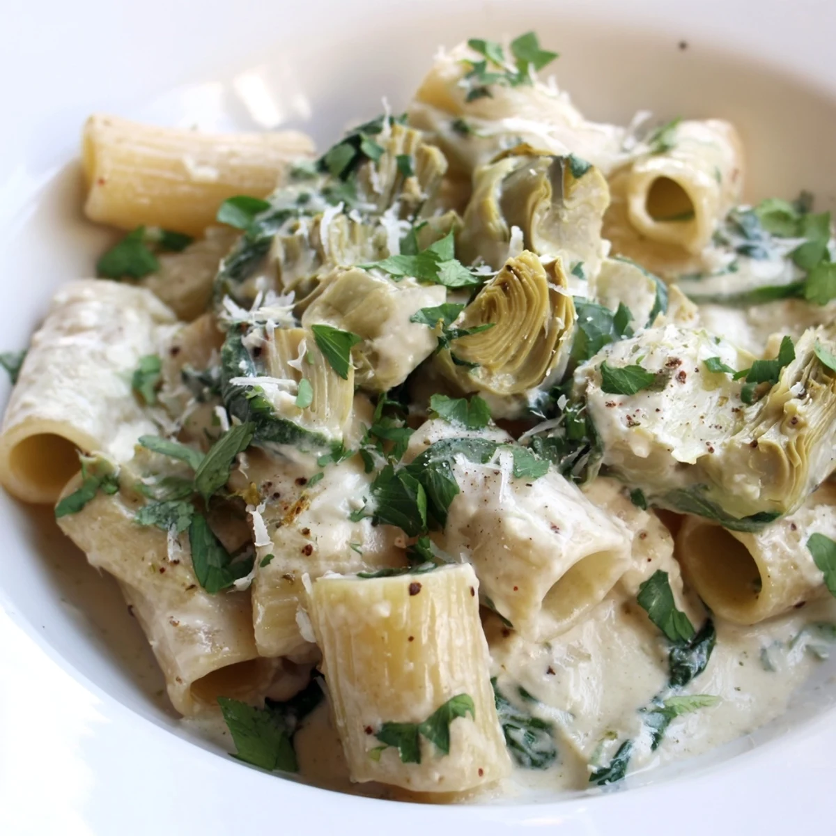 A bowl of Creamy Spinach and Artichoke Pasta, a rich, vegetarian meal ready to be served and enjoyed.
