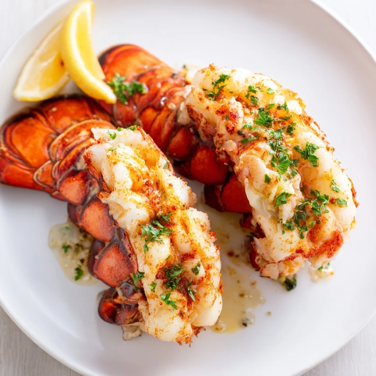 Golden broiled Garlic Butter Lobster Tails, glistening with garlic butter alongside fresh lemon wedges.