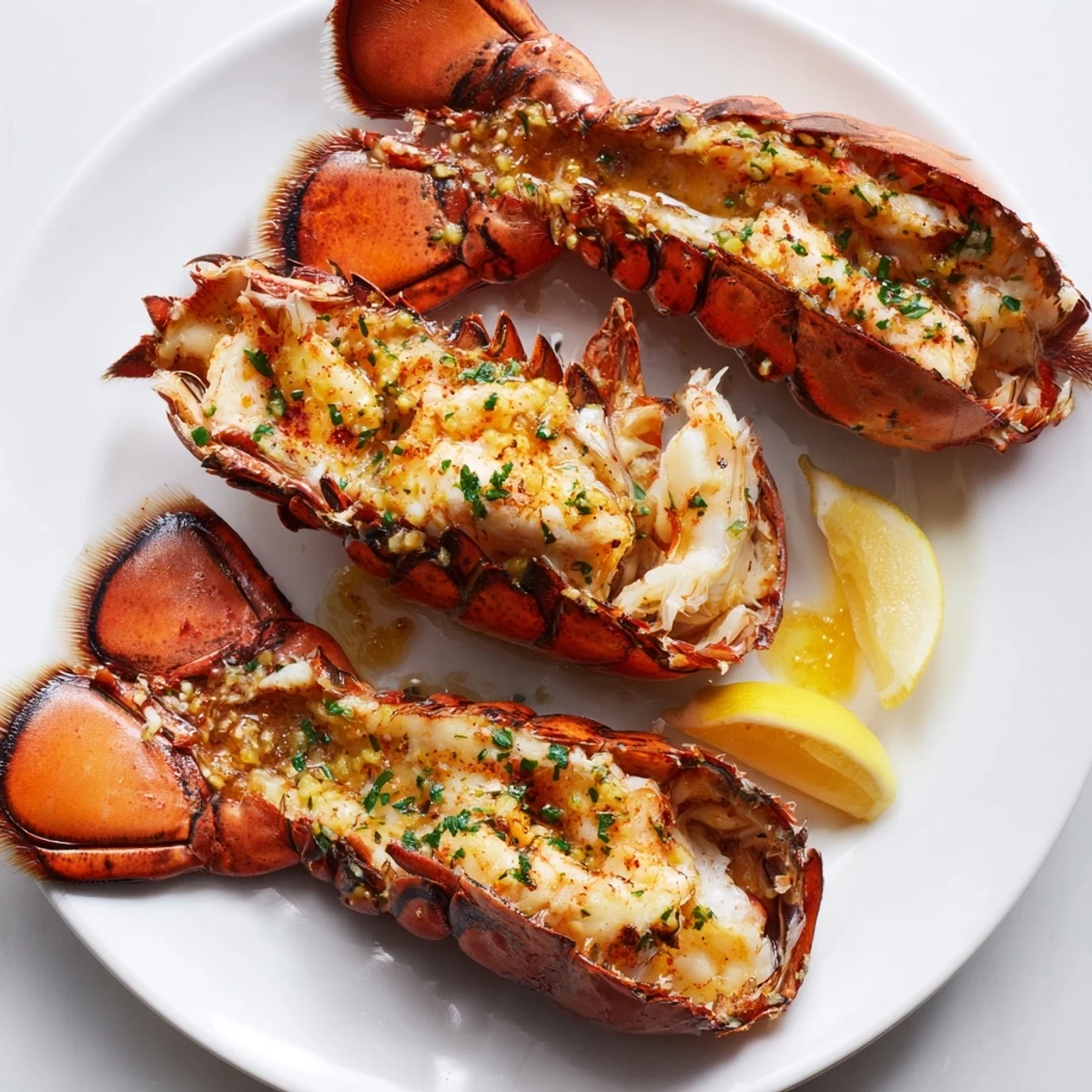 Ready-to-eat Garlic Butter Lobster Tails: Tender seafood with a vibrant garlic butter sauce, ready to serve.