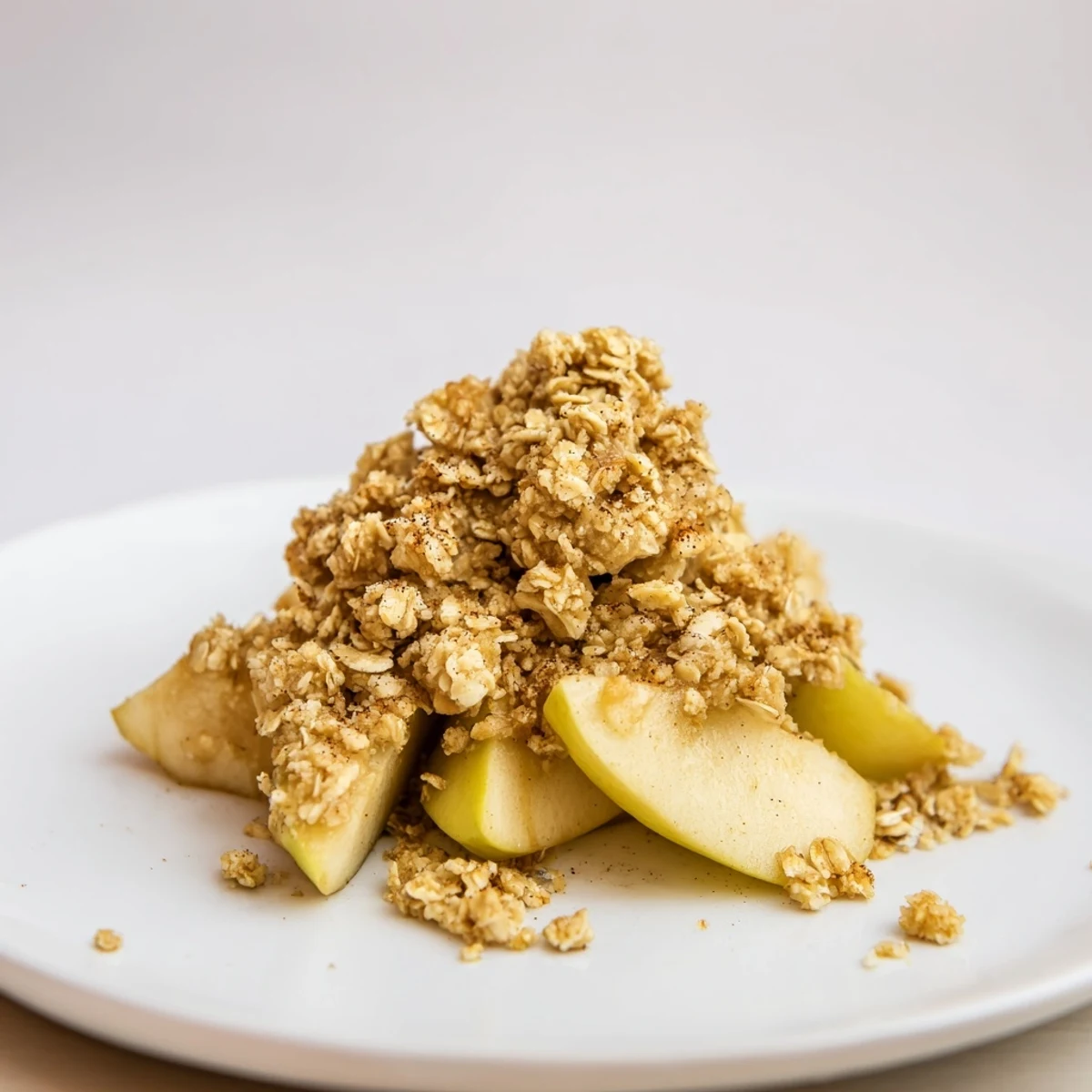 Golden-brown baked apple crumble, perfect for a cozy dessert with warm, bubbling apples.