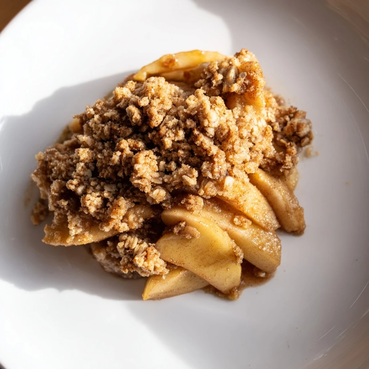 A close-up of a freshly baked apple crumble, with a buttery, crispy oat topping.