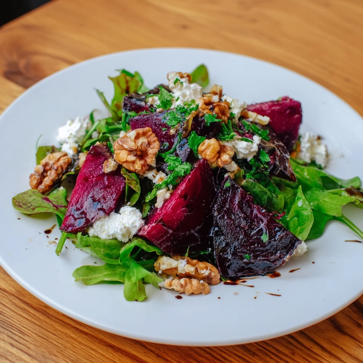 Vibrant photo: Roasted Beet and Walnut Salad, displaying roasted beets, greens, walnuts, and creamy goat cheese.