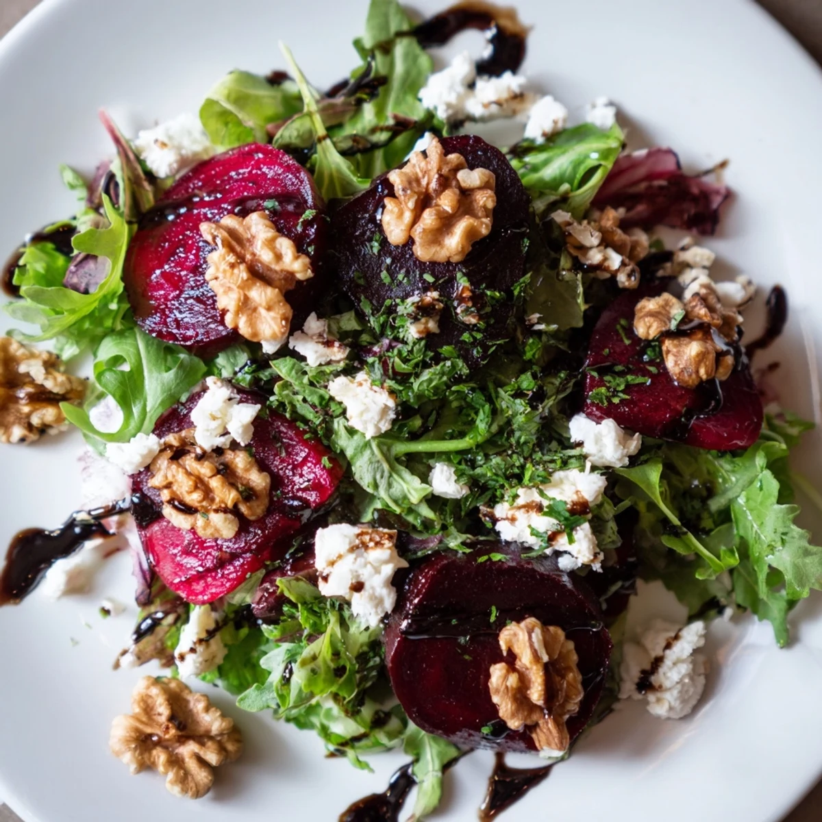 Savory Roasted Beet and Walnut Salad served with a tangy balsamic vinaigrette, fresh and inviting.