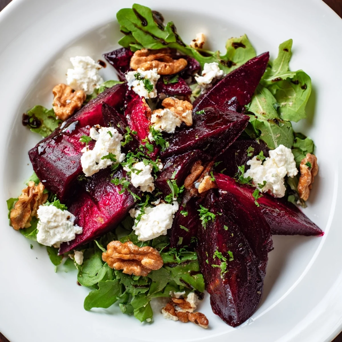 Close-up of a colorful Roasted Beet and Walnut Salad, showcasing the sweet beets and toasted walnuts.