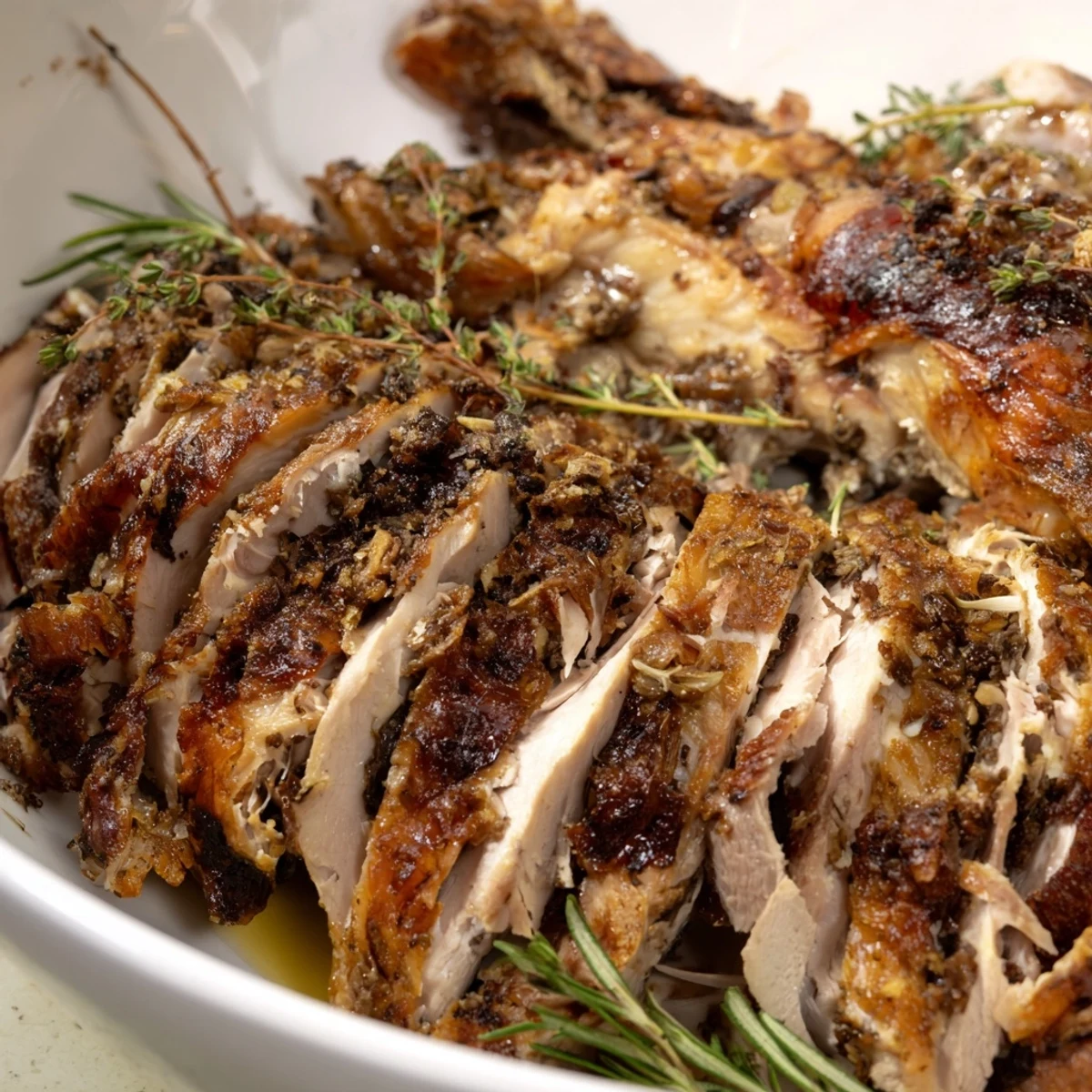A close-up of a beautifully browned slow roasted turkey breast, herbs visible, offering savory aromas.