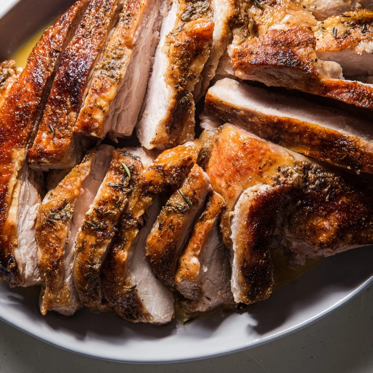 Golden, juicy slow roasted turkey breast with crispy skin, ready for carving and family dinner.