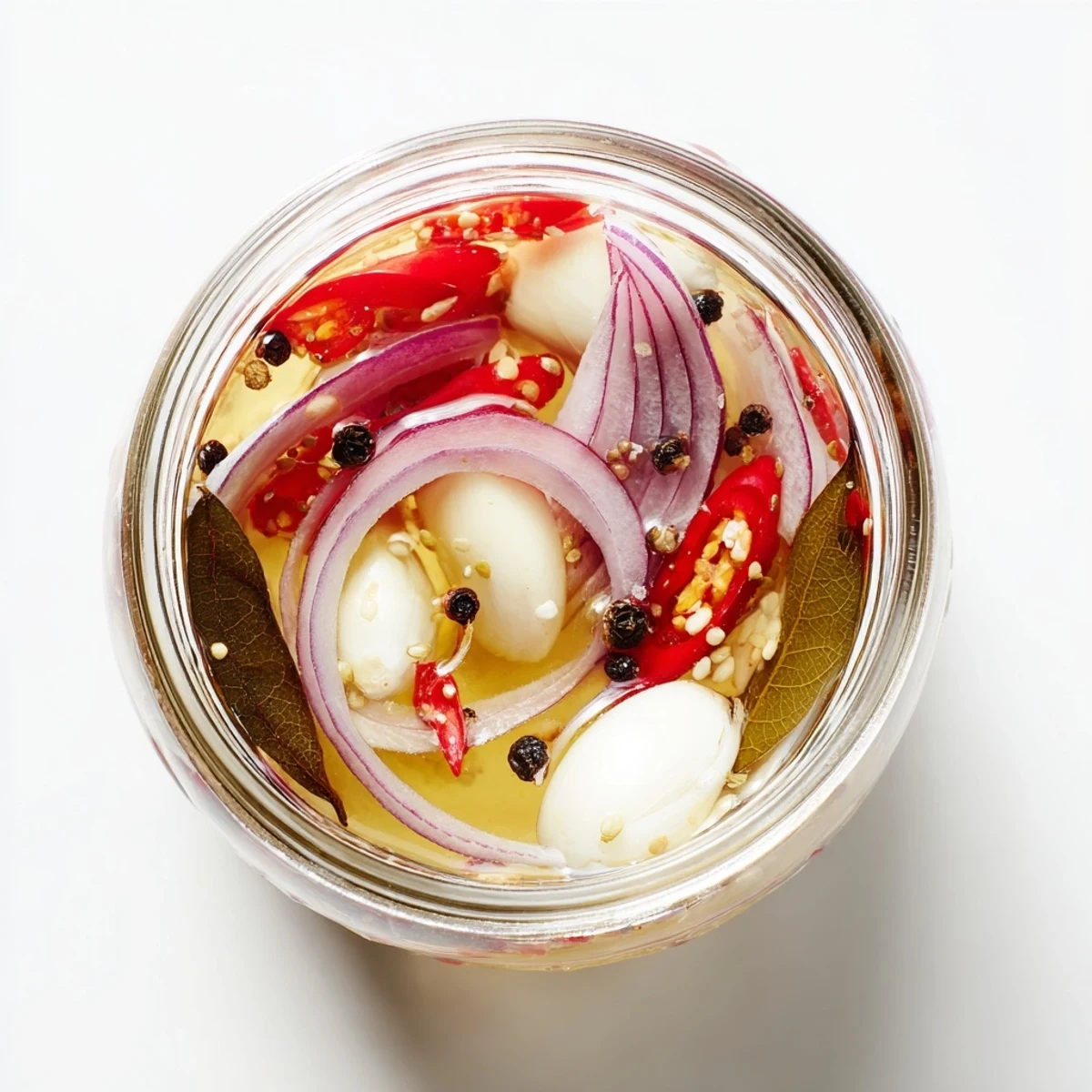 Brightly colored Spiced Vinegar with sliced red onion and chili peppers steeping in glass jar.