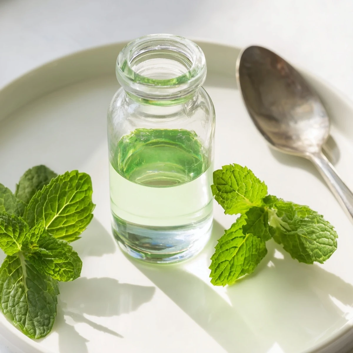 Homemade peppermint extract, deep green infused alcohol ready for holiday baking and flavoring.