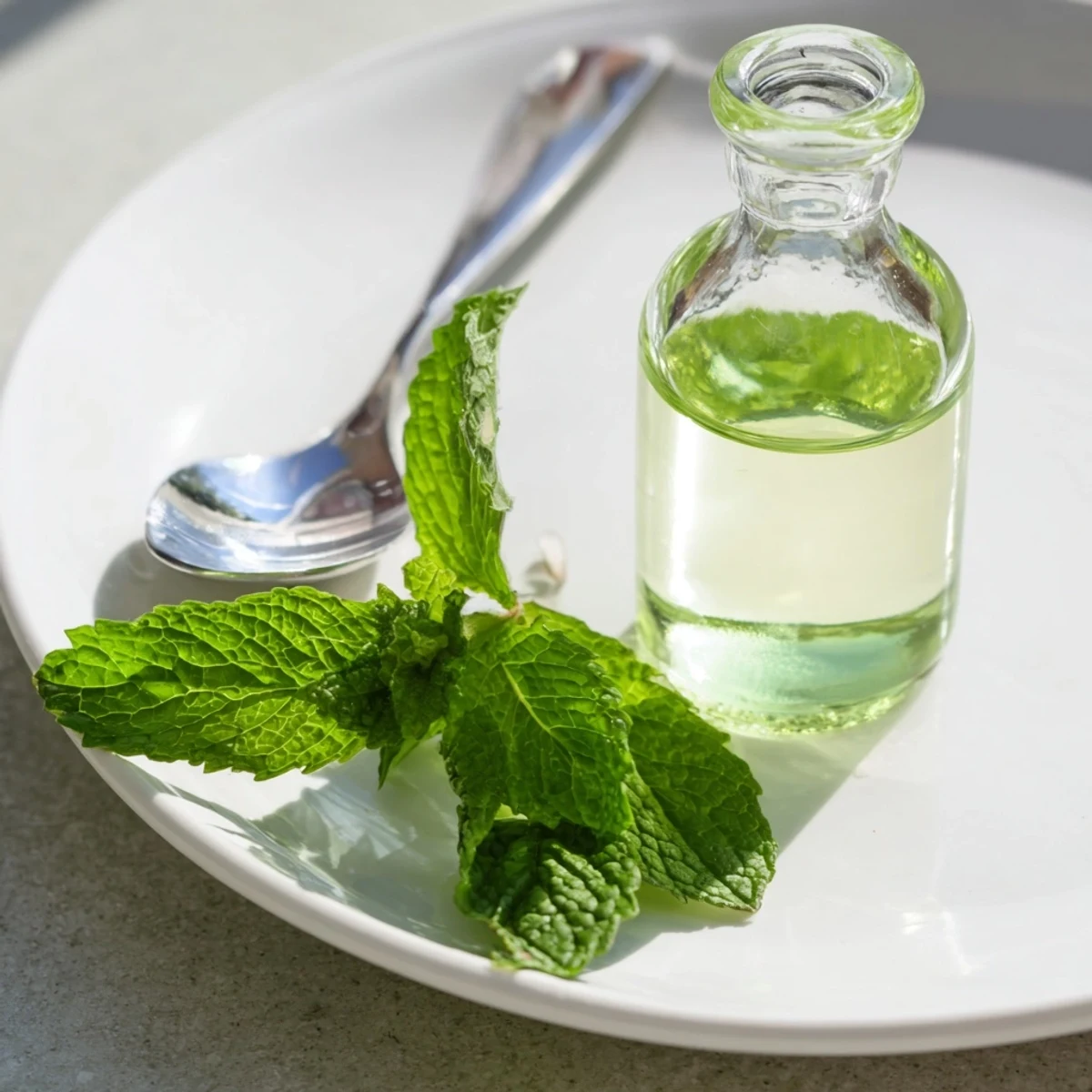 Vibrant green peppermint leaves steeping in vodka to create potent, fresh peppermint extract for desserts.