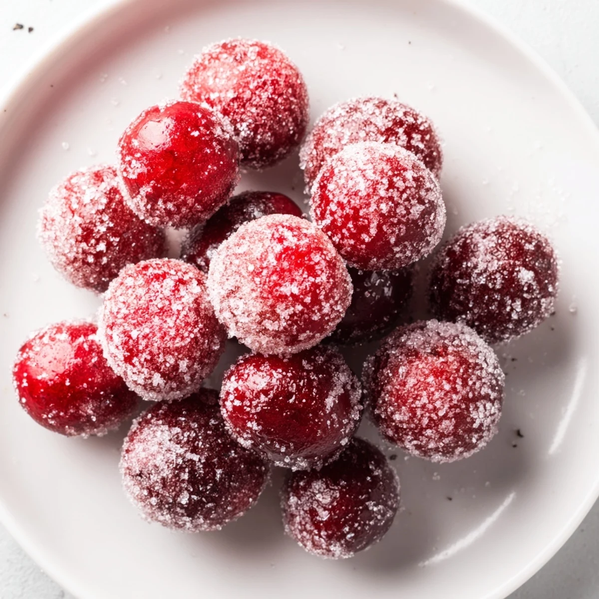 Sugared Cranberry Garnish, glistening and ruby-red, ready to top festive cocktails or cheese boards.
