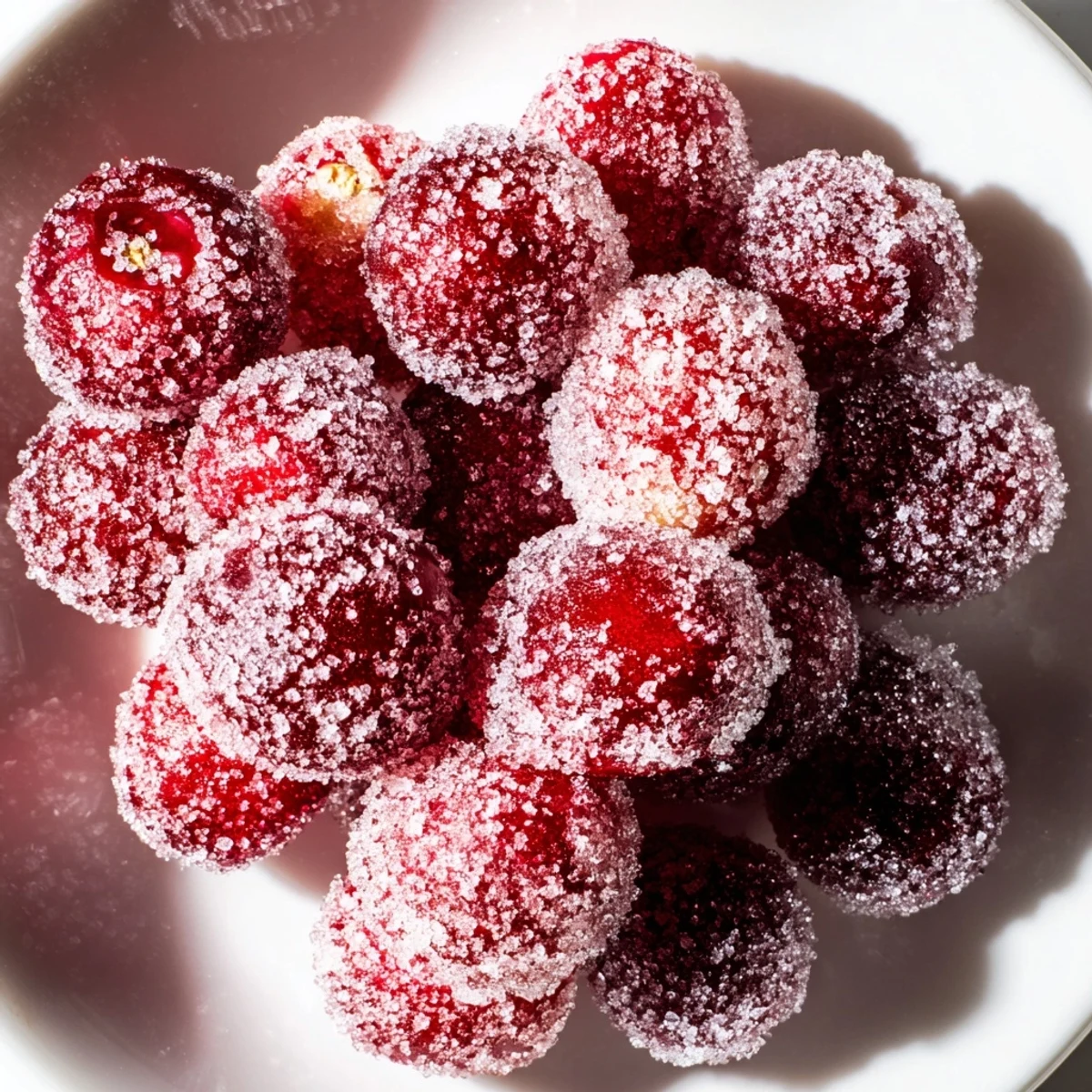 Close-up of freshly made Cranberry Garnish, coated in sparkling sugar, promising a burst of sweet and tart flavor.