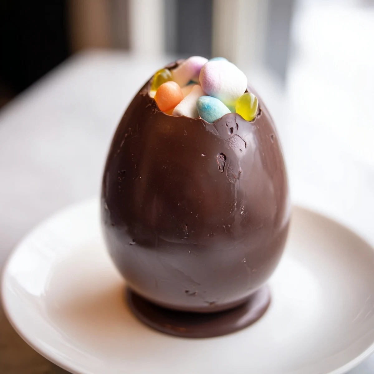 Homemade chocolate egg, a dessert delight, showcasing a perfectly tempered, smooth, dark finish.