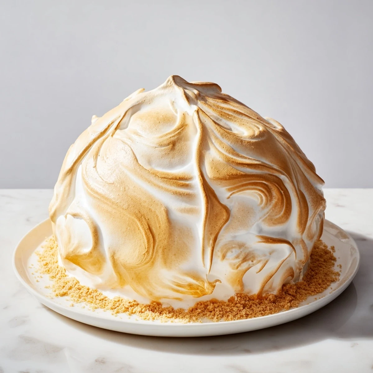 Golden-brown Baked Alaska with toasted meringue, revealing vanilla ice cream and cake underneath, perfect!