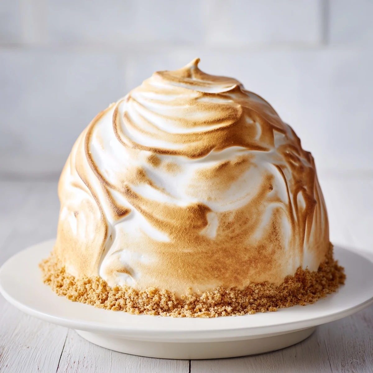 A close-up of a beautifully torched Baked Alaska, ideal for impressive dessert enjoyment.