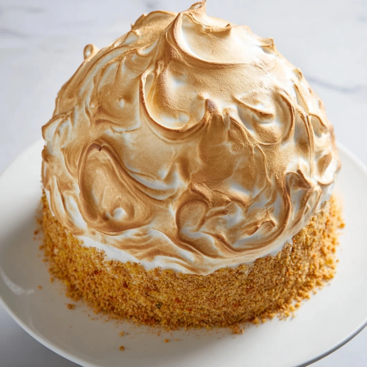 Homemade Baked Alaska, a cool ice cream treat, perfectly coated in browned meringue ready to serve.