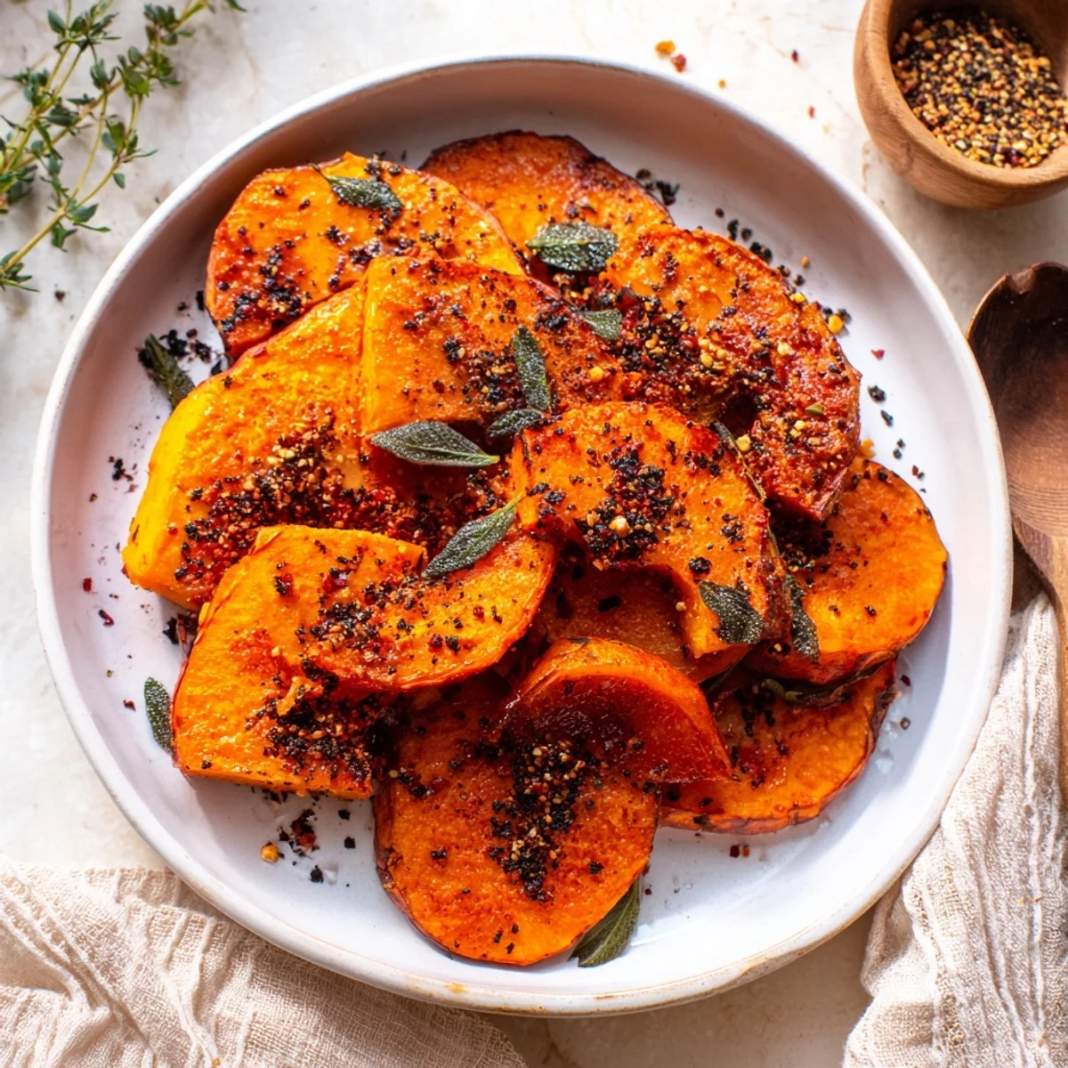 Golden roasted pumpkin wedges, fragrant with thyme, offering a delicious taste of fall.