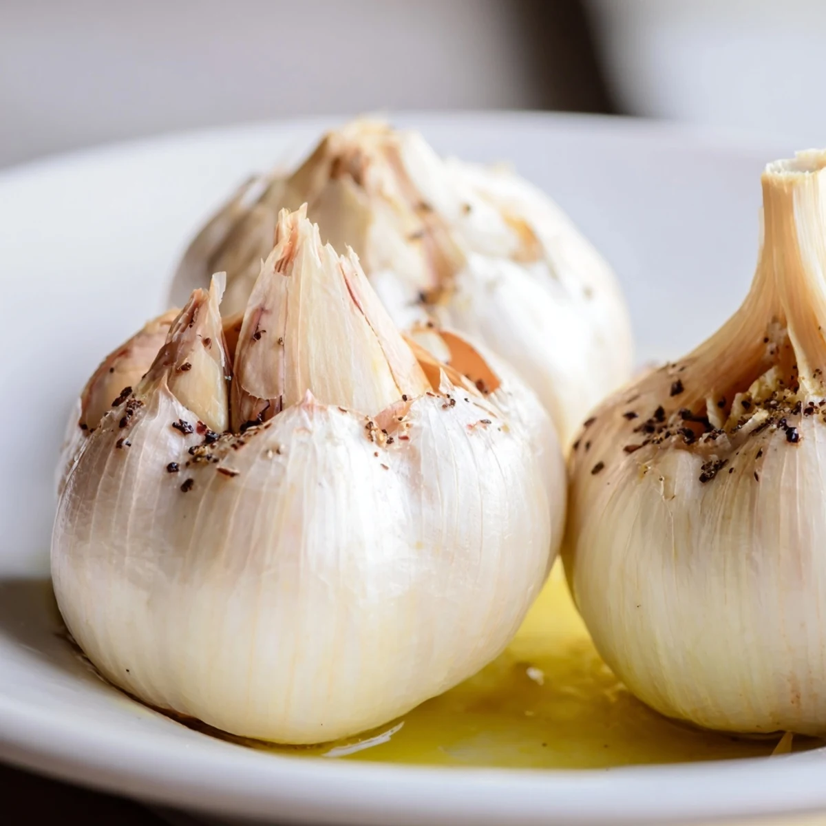 Close-up of a tender roasted garlic bulb, showing the cloves ready to be squeezed and enjoyed.