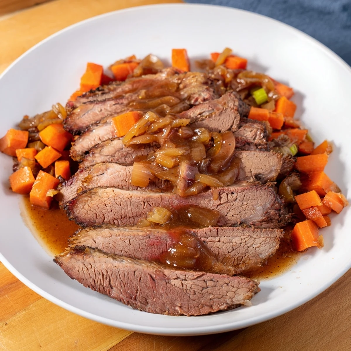 A generous serving of slow cooked beef brisket, highlighting the juicy, perfectly braised meat.