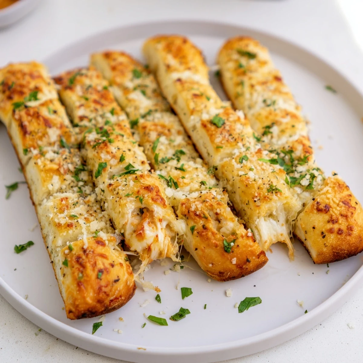 Warm, golden Cheesy Garlic Breadsticks with melty cheese and the irresistible aroma of garlic.