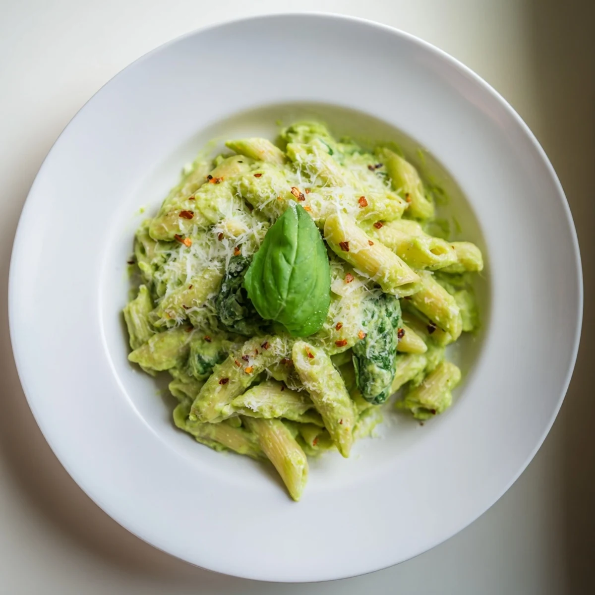Vibrant green Creamy Avocado and Spinach Pasta, ready to devour with fresh basil garnish.