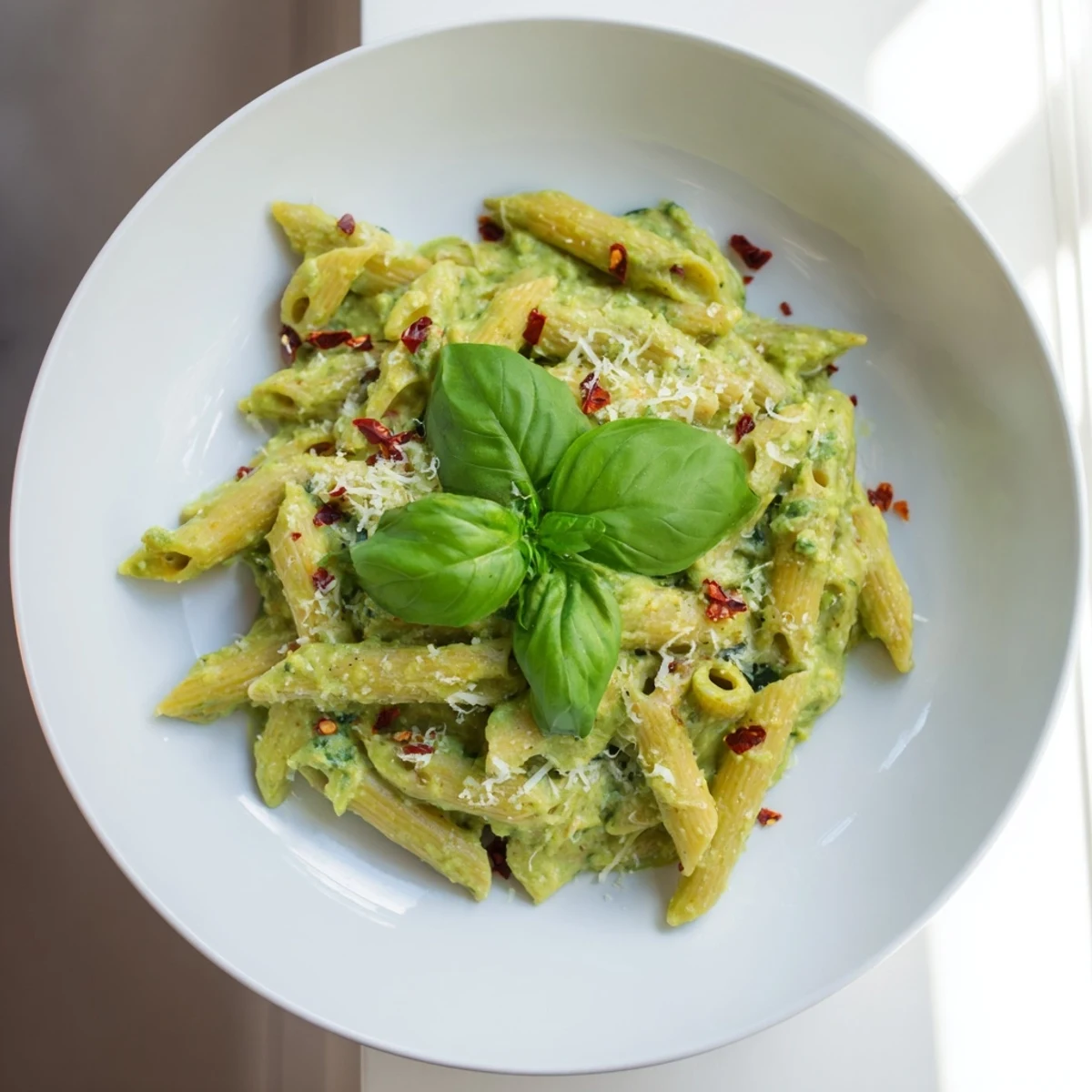 A close-up of creamy, bright green Creamy Avocado and Spinach Pasta, perfect for a vegetarian dinner.