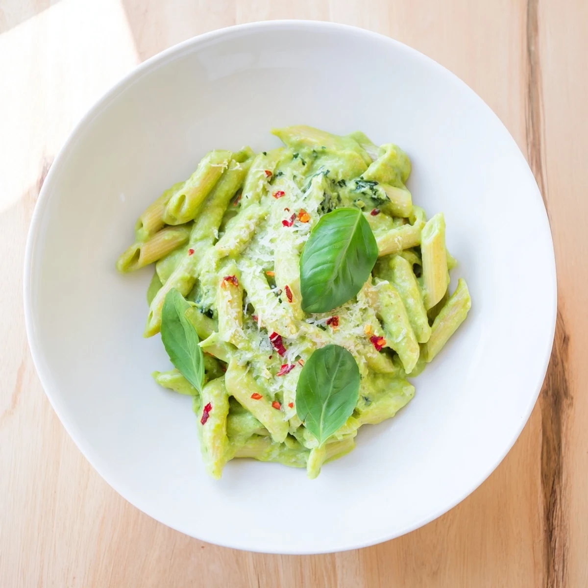 Silky smooth Creamy Avocado and Spinach Pasta, topped with Parmesan; a delicious Italian-inspired meal.