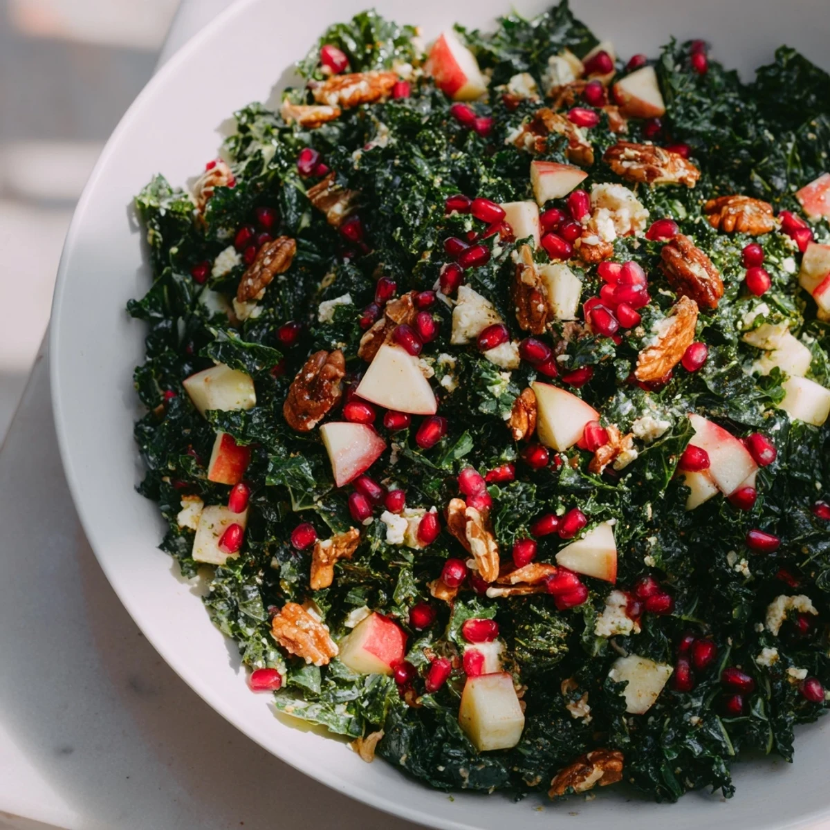 This winter kale salad with pomegranate bursts with color, featuring juicy pomegranate seeds and crunchy pecans.