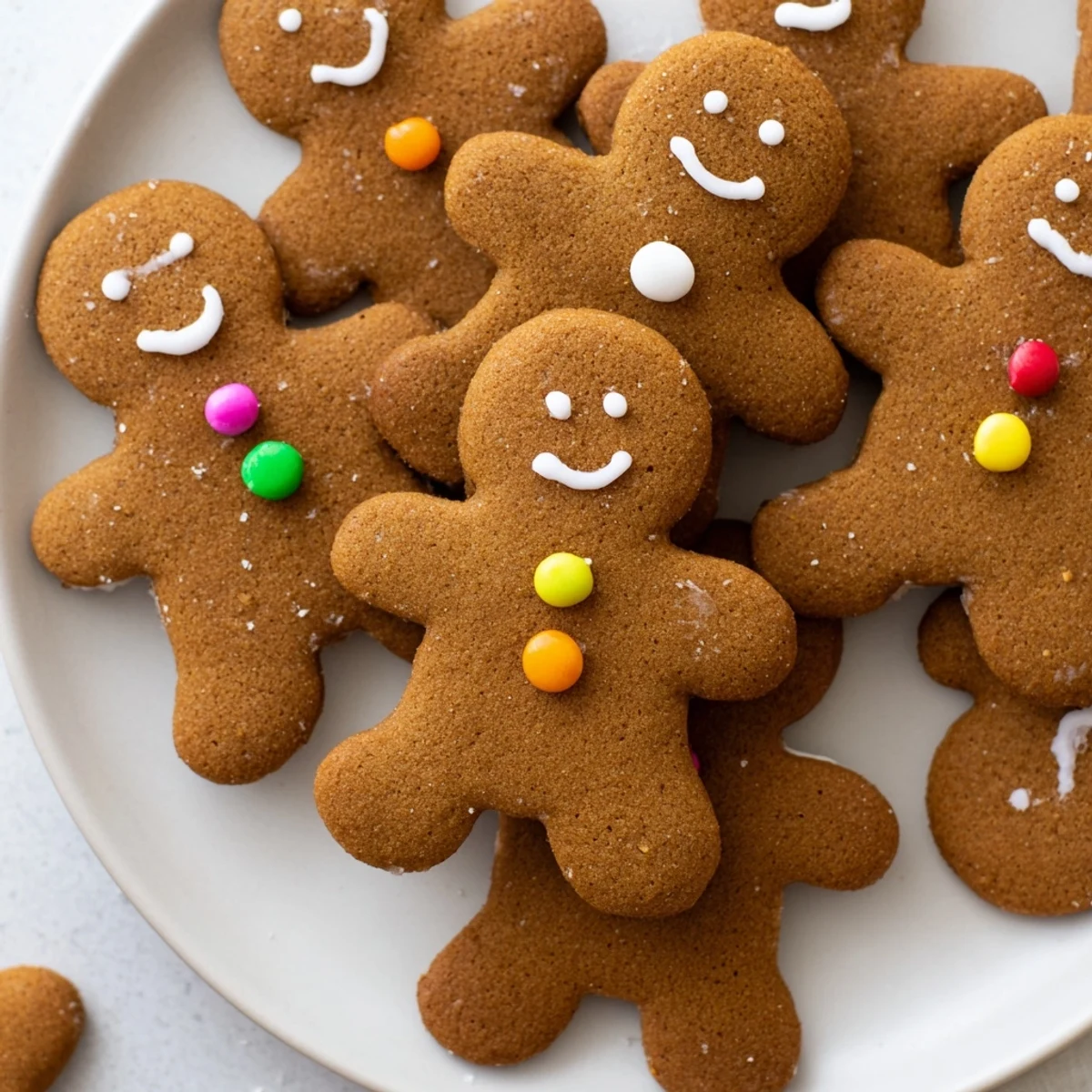 Freshly baked Gingerbread Men Cookies, smelling of cinnamon, are decorated with colorful sprinkles.