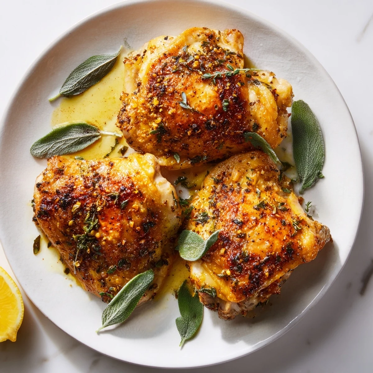 Golden, crispy Roasted Chicken Thighs with lemon, a Mediterranean delight, ready to serve with lemon wedges.