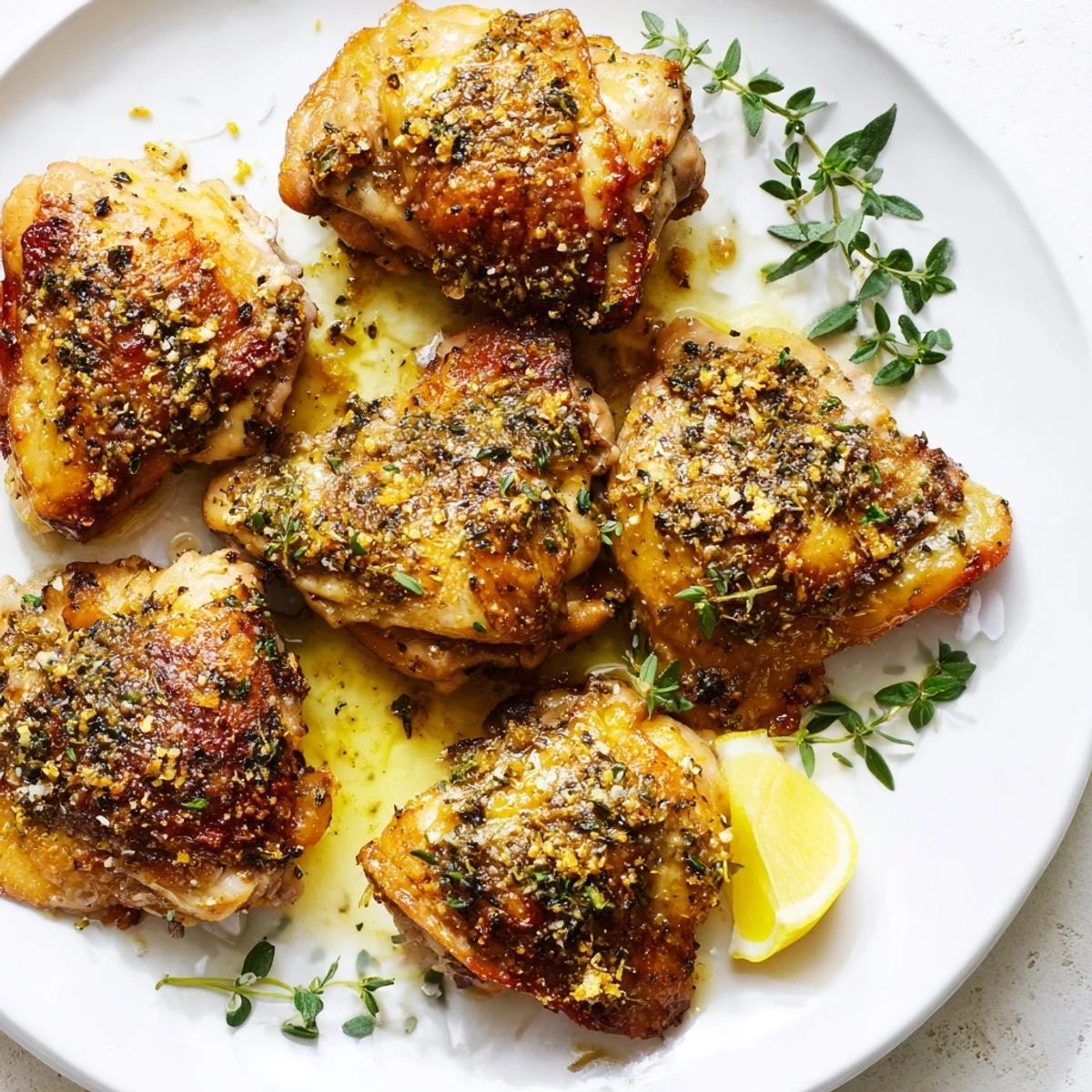 Flavorful Roasted Chicken Thighs, marinated in lemon and oregano, glistening and set for a delicious dinner.