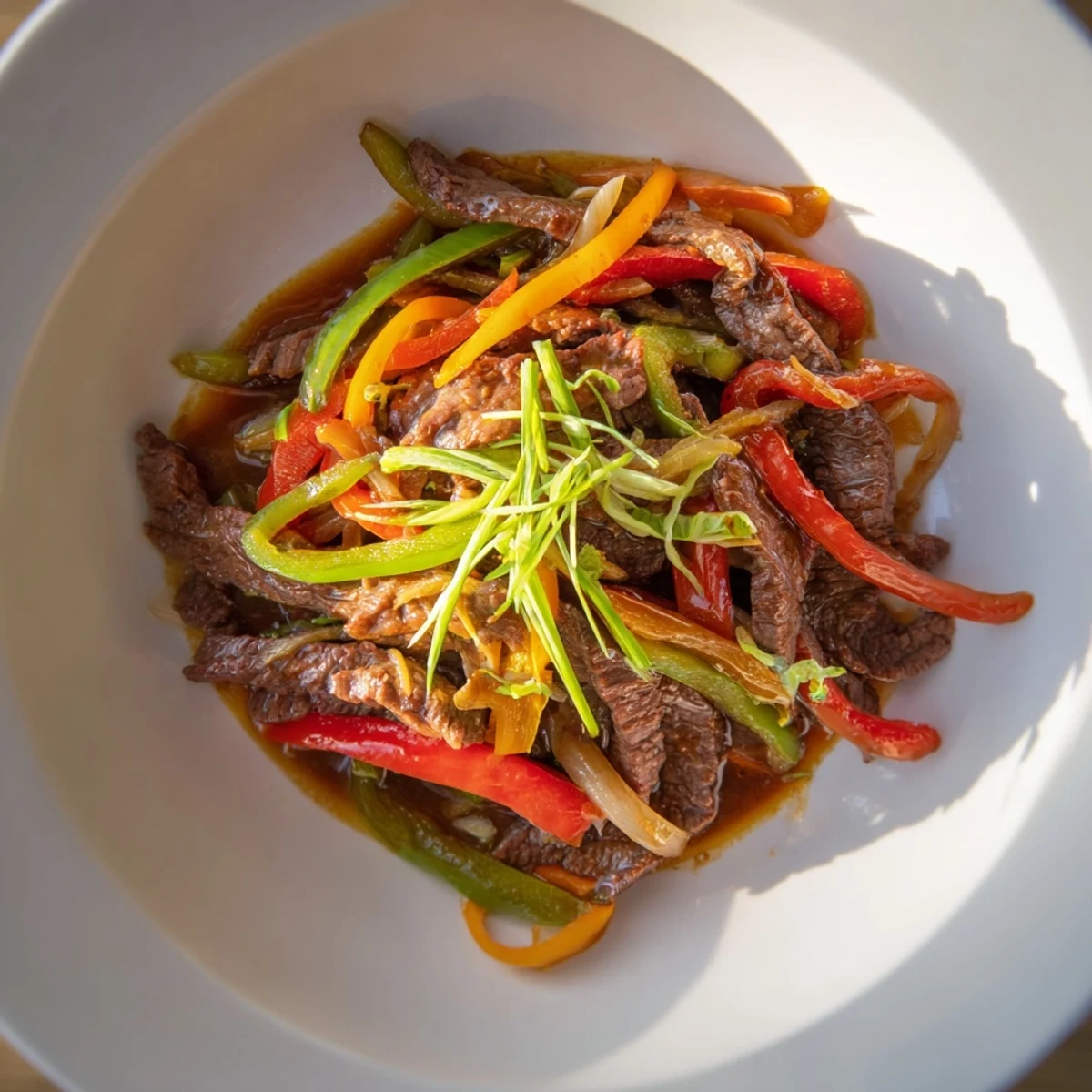 Tender, glistening Spicy Beef and Pepper Stir Fry with colorful bell peppers in savory sauce.
