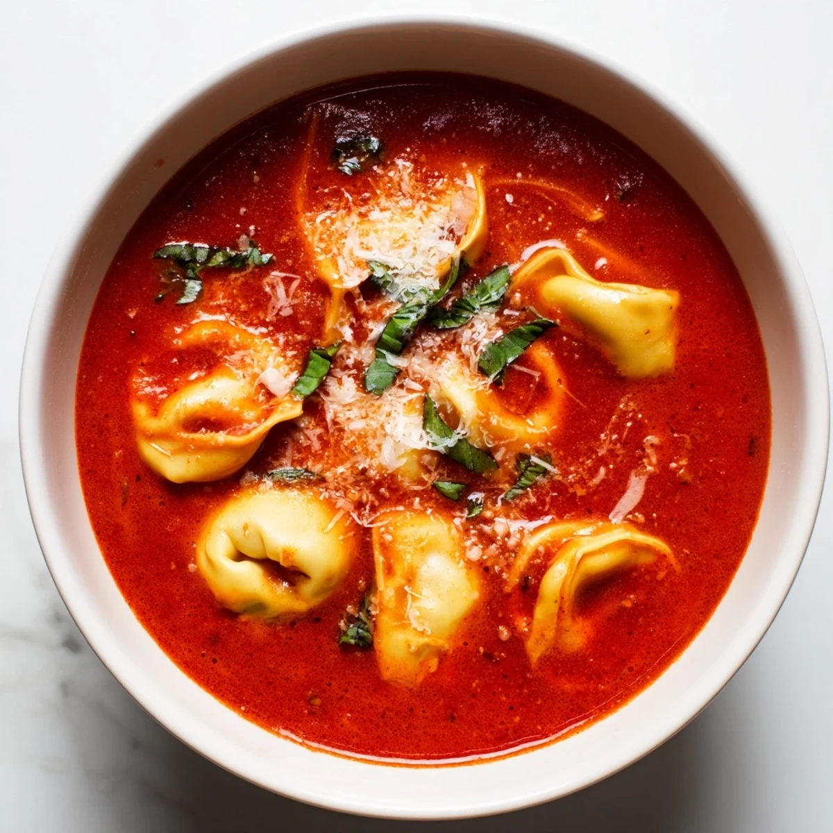 Steaming bowl of creamy tomato and tortellini soup, topped with fresh basil and Parmesan.
