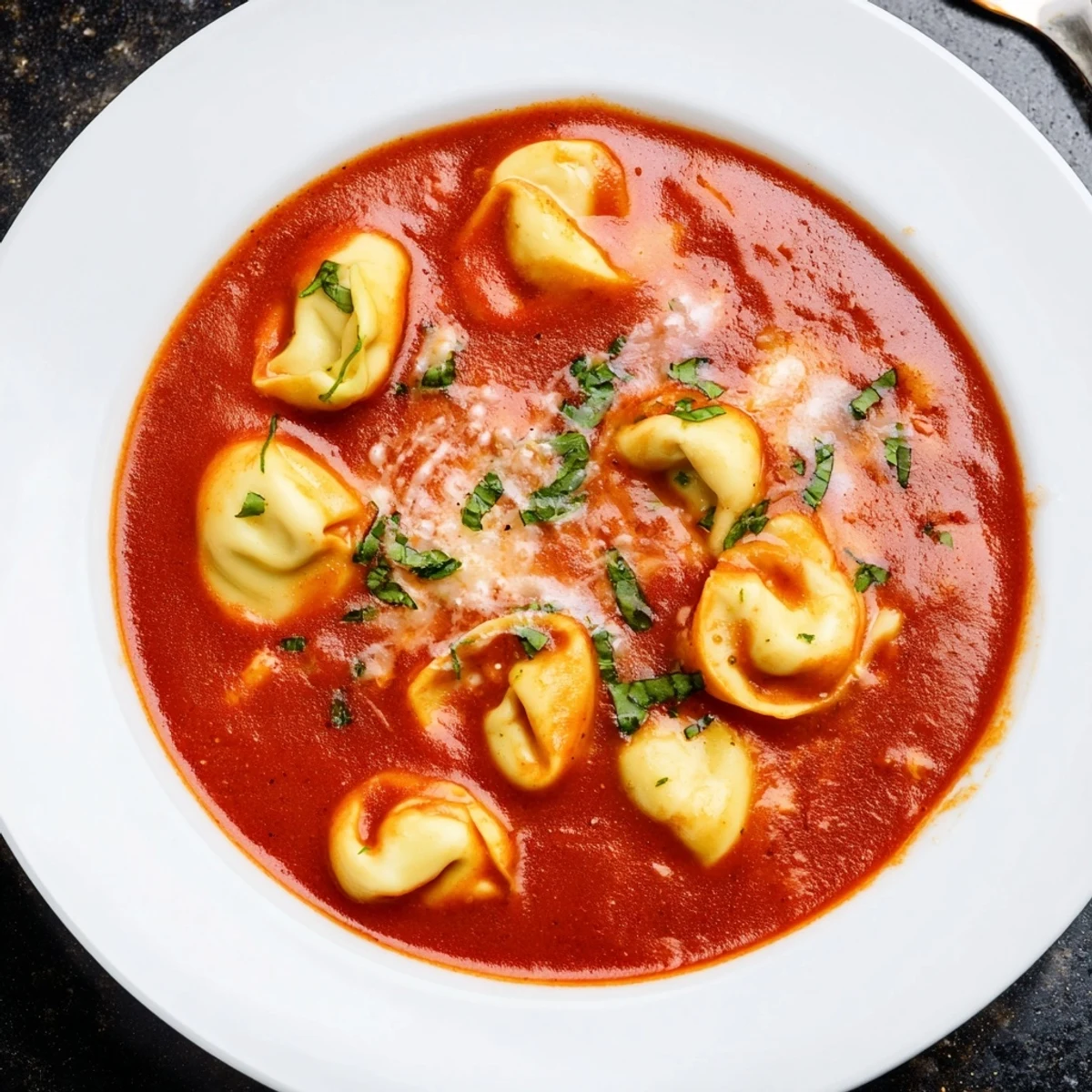 Close-up of a bubbling pot of Creamy Tomato and Tortellini Soup, ready to ladle and serve.