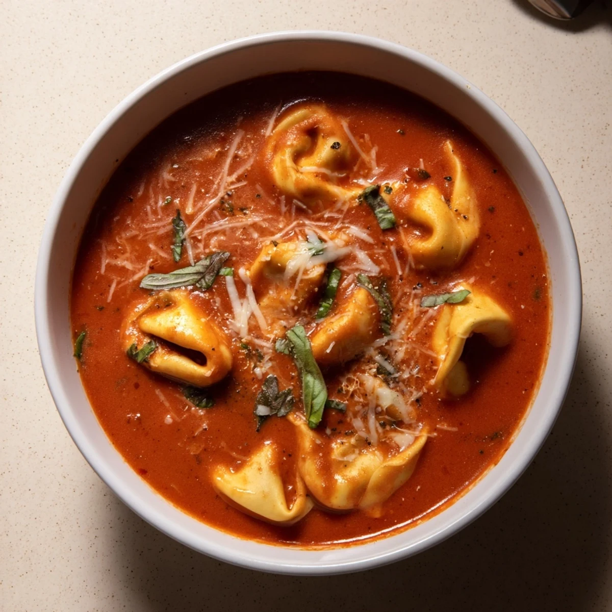 Homemade Creamy Tomato and Tortellini Soup, a comforting Italian-American classic, perfectly creamy.