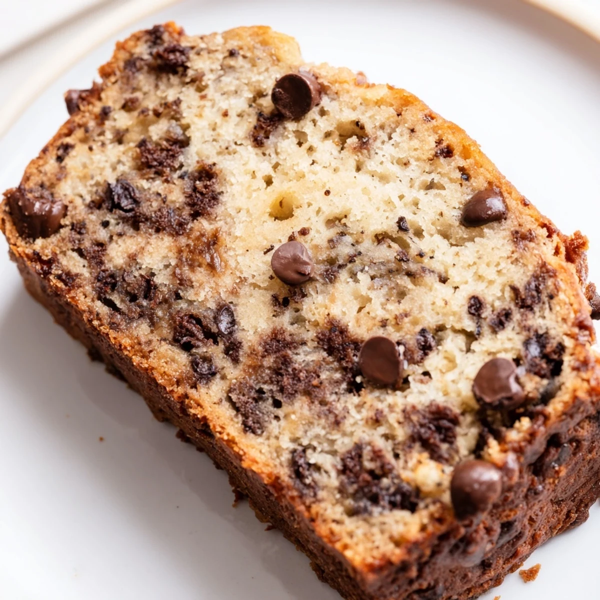 Close-up image of moist chocolate chip banana bread, studded with melted chocolate, ready to eat.