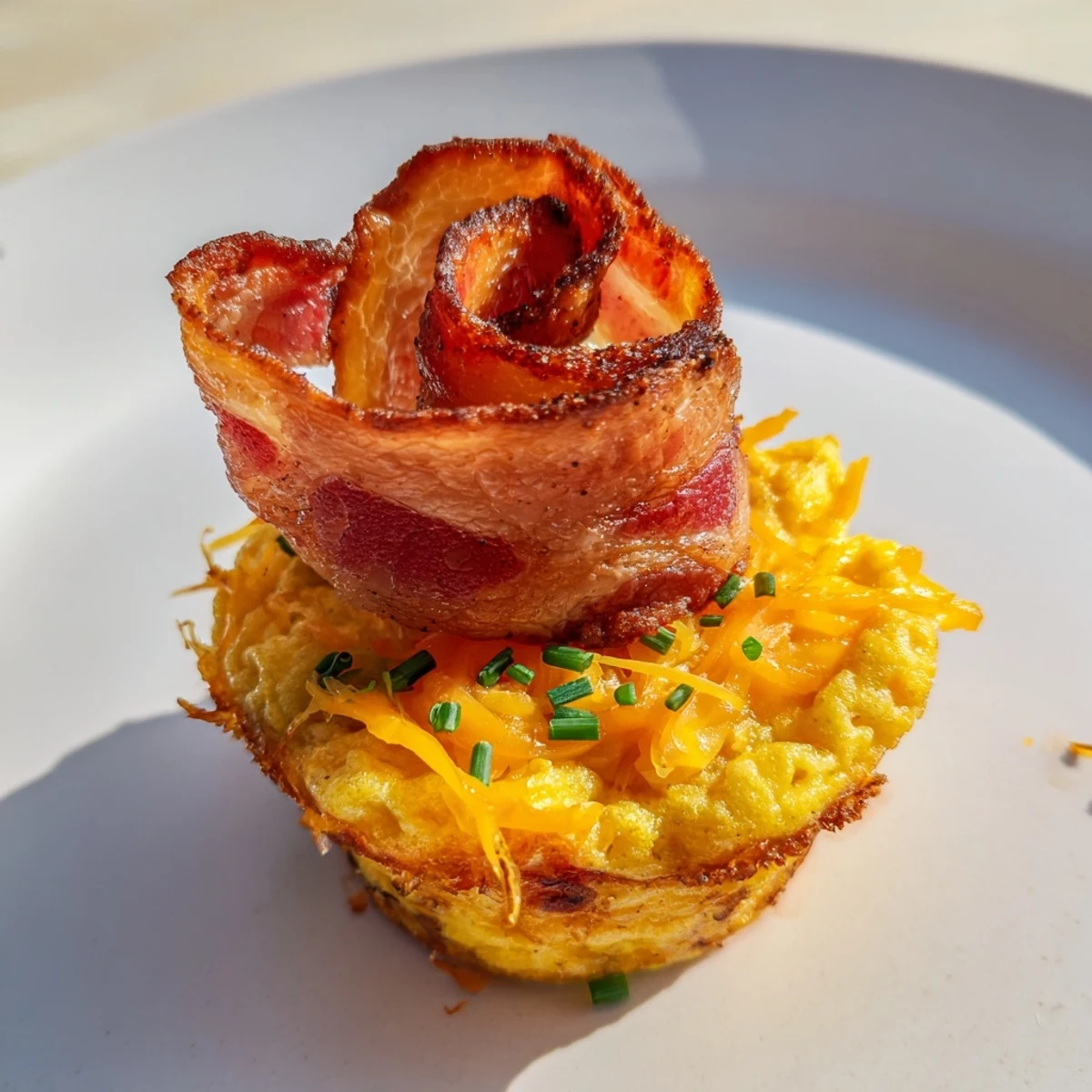 Golden-brown Scrambled Egg Cups beautifully garnished with crispy bacon, perfect for a brunch.