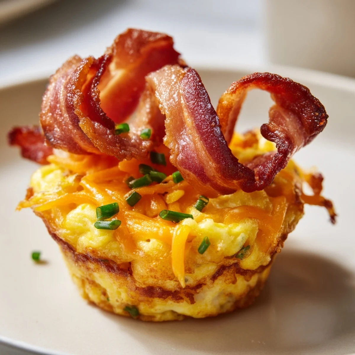 Enjoy savory Scrambled Egg Cups, each baked to perfection, then crowned with a bacon twist.