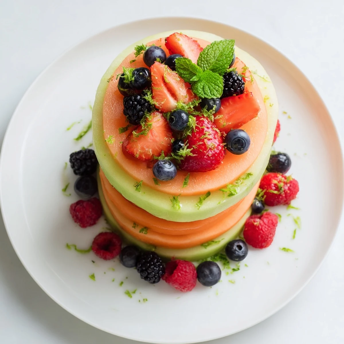 Vibrant fruit platter: concentric layers of juicy melon and berries, a refreshing summer appetizer.