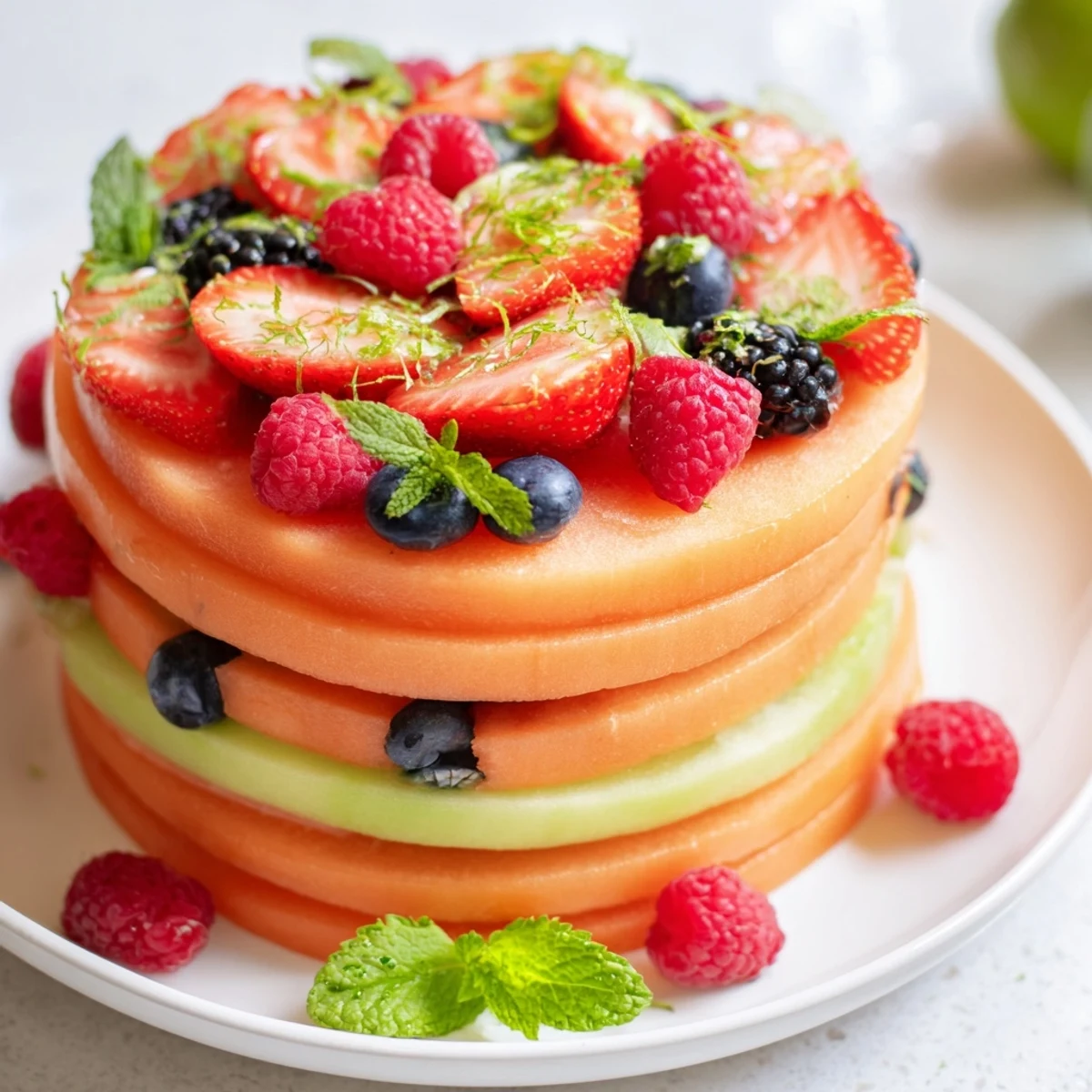 Fresh fruit platter, featuring watermelon, cantaloupe, and berries, a simple and elegant summer dessert.