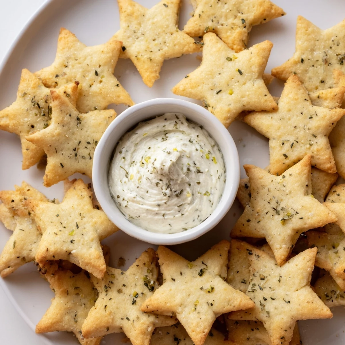 Freshly baked star-shaped Holiday Crackers, perfect for festive appetizers, ready to be dipped.