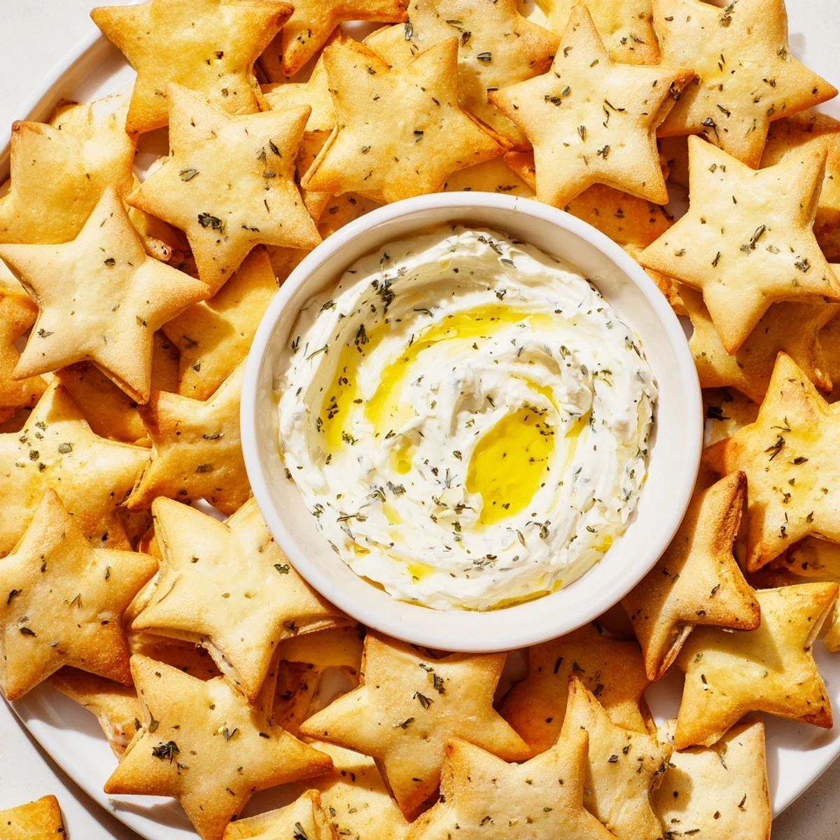 Golden-brown, crispy Holiday Crackers arranged around a creamy, herb-flecked dip for holiday snacking.