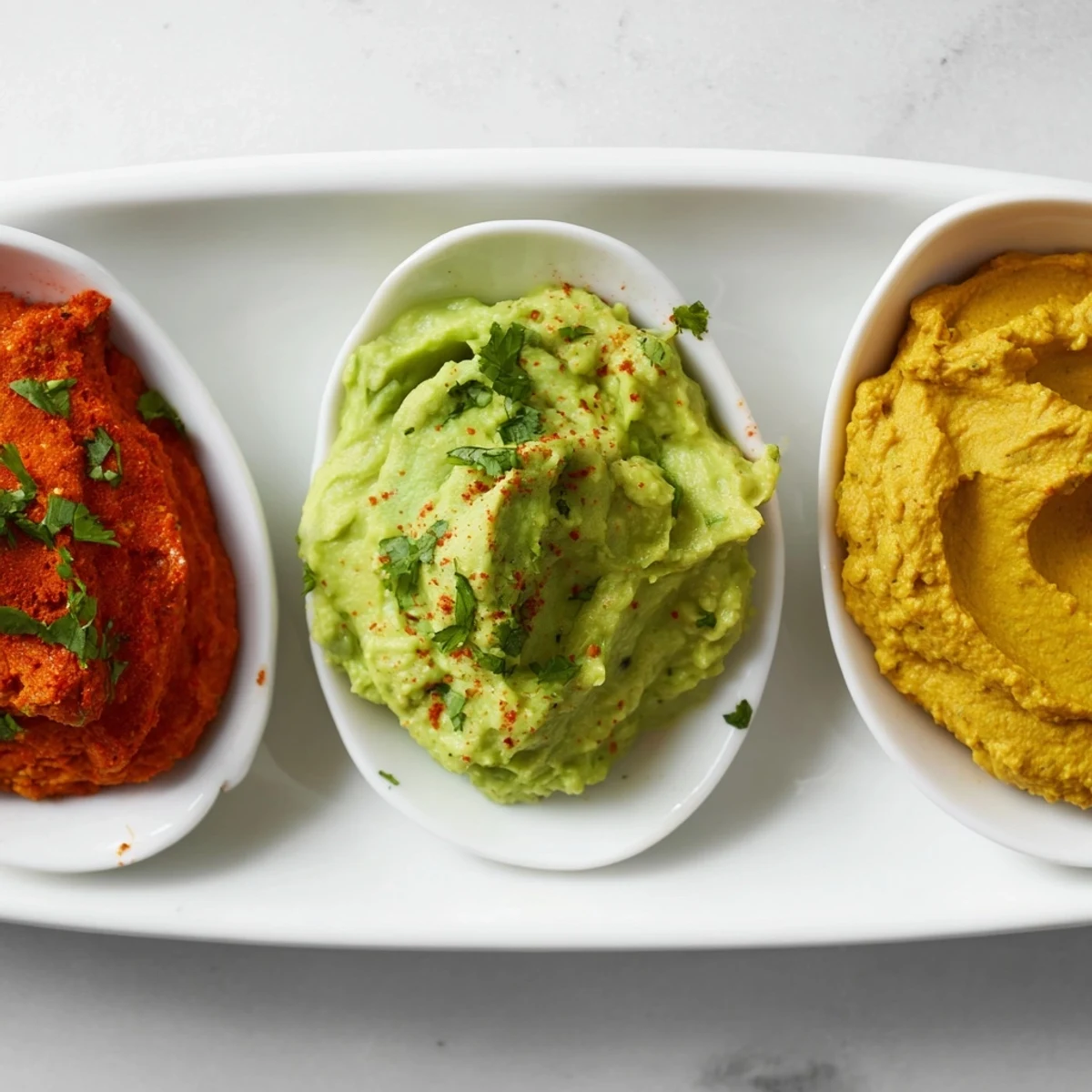 Fresh vegetable sticks and pita chips beside the vibrant Dip Trio, perfect for sharing and dipping.