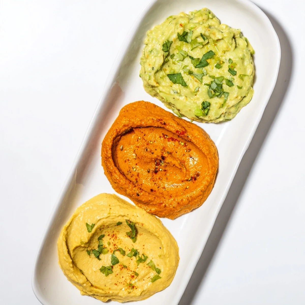 A platter of Dip Trio features green avocado, red pepper, and golden turmeric hummus ready to eat.