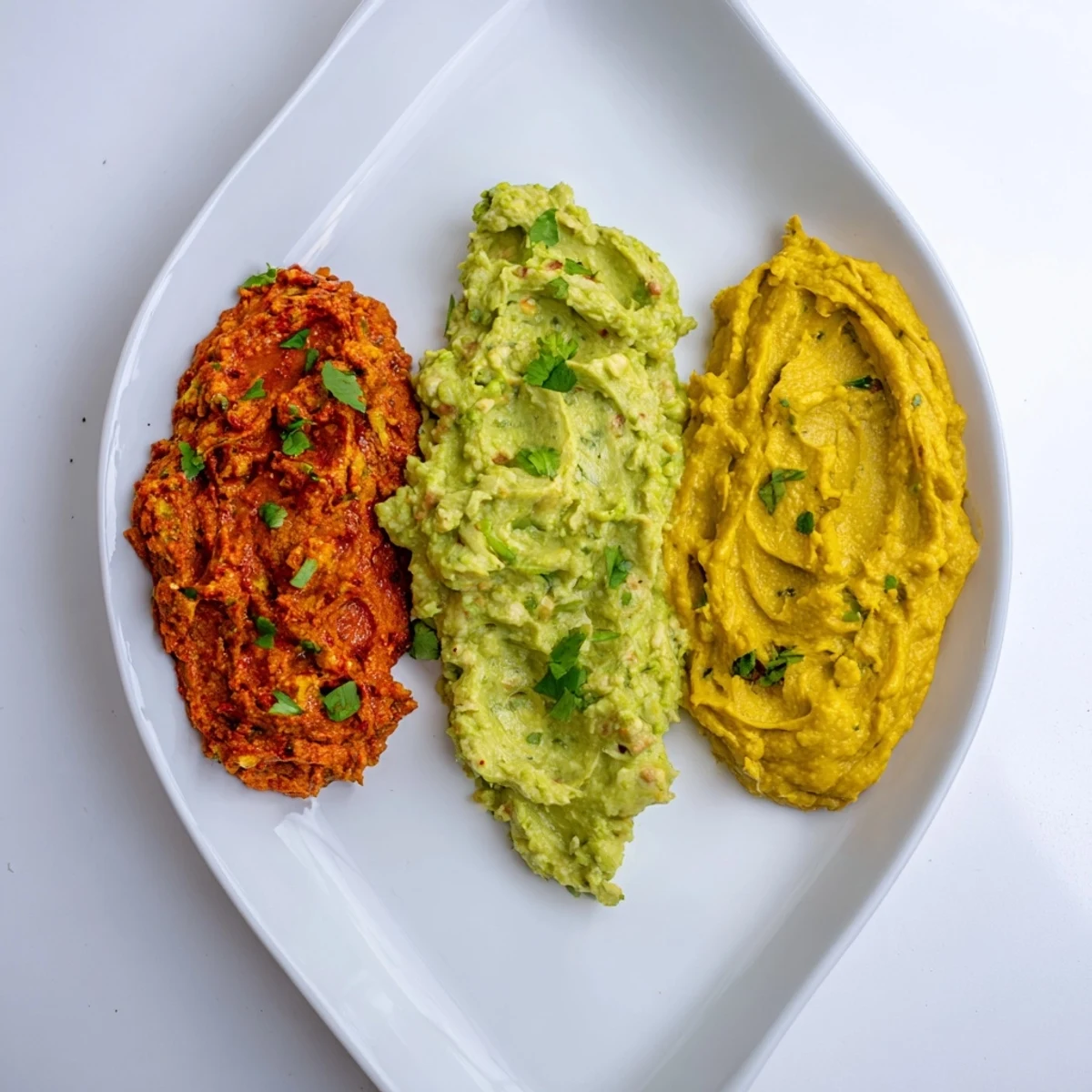 Three colorful dips are arranged in a line: a luscious Dip Trio with the flavors of summer.